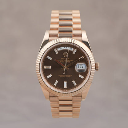 [SOLD] Rolex Day Date Rose Gold Baguette Choco Dial 41mm 228235 2018