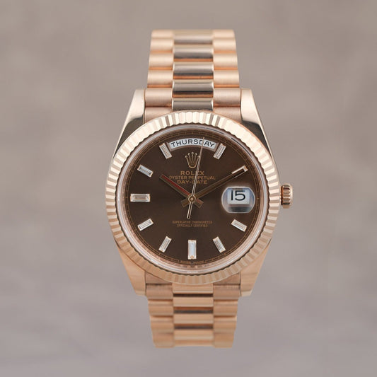 [SOLD] Rolex Day Date Rose Gold Baguette Choco Dial 41mm 228235 2018