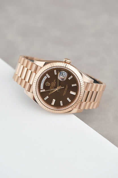 [SOLD] Rolex Day Date Rose Gold Baguette Choco Dial 41mm 228235 2018