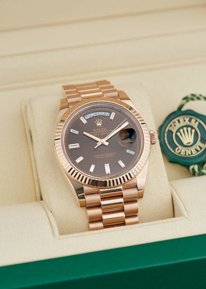 [SOLD] Rolex Day Date Rose Gold Baguette Choco Dial 41mm 228235 2018