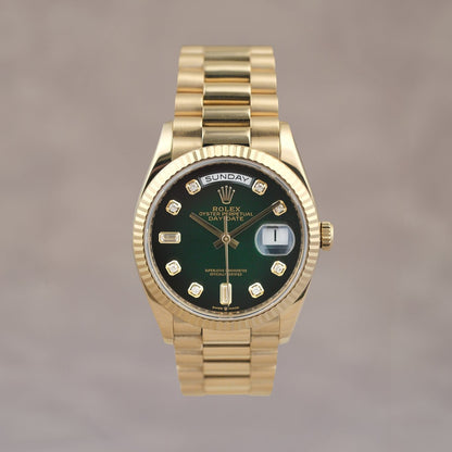 [SOLD] Rolex Day Date Yellow Gold Green Ombre with Diamonds 36mm 128238 2020