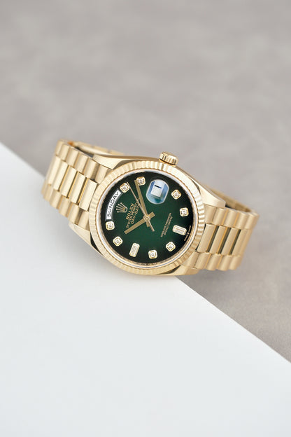 [SOLD] Rolex Day Date Yellow Gold Green Ombre with Diamonds 36mm 128238 2020