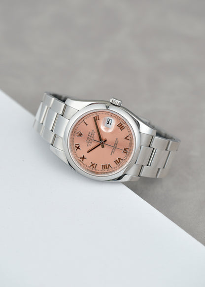 [SOLD] Rolex Datejust 36 Salmon Roman Dial Smooth Bezel 36mm 116200 2008