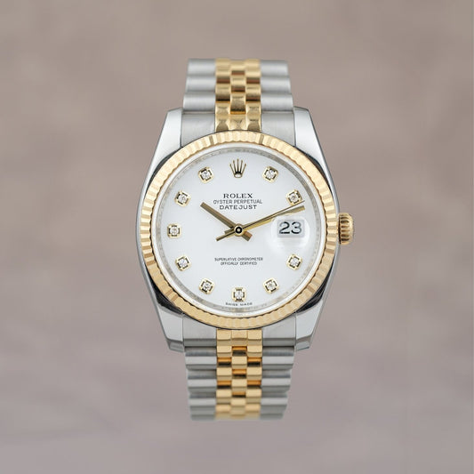 [SOLD] Rolex Datejust 36 Two Tone Yellow Gold White dial with Big Diamonds 36mm 116233 2009