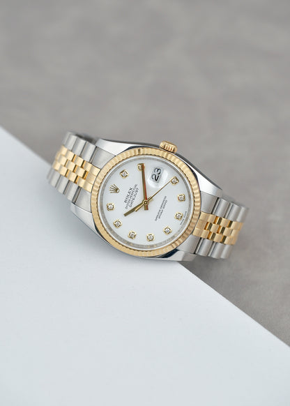 [SOLD] Rolex Datejust 36 Two Tone Yellow Gold White dial with Big Diamonds 36mm 116233 2009