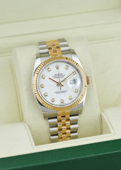 [SOLD] Rolex Datejust 36 Two Tone Yellow Gold White dial with Big Diamonds 36mm 116233 2009