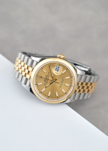 [SOLD] Rolex Datejust 36 Two Tone Yellow Gold Champagne  Stick Dial 36mm 126203 2021