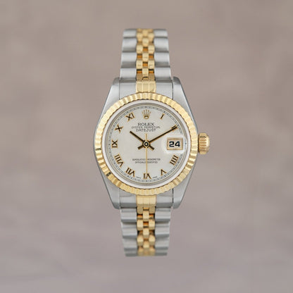 [SOLD] Rolex Datejust 26 Two Tone Yellow  Gold Mother of Pearl Roman Dial 26mm  69173 1995