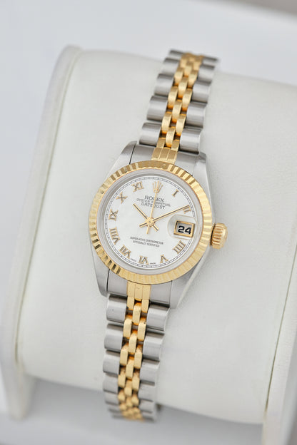 [SOLD] Rolex Datejust 26 Two Tone Yellow  Gold Mother of Pearl Roman Dial 26mm  69173 1995