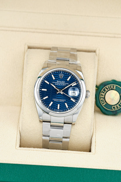 Rolex Datejust 36 Blue Motif Stick Dial Smooth Oyster 36mm 126200 2023